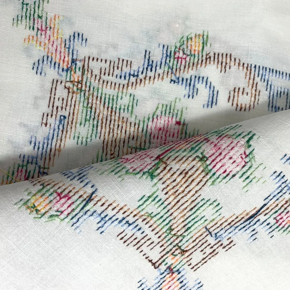 Vintage White Linen Tablecloth Embroidered Cross Stitched Floral Baskets